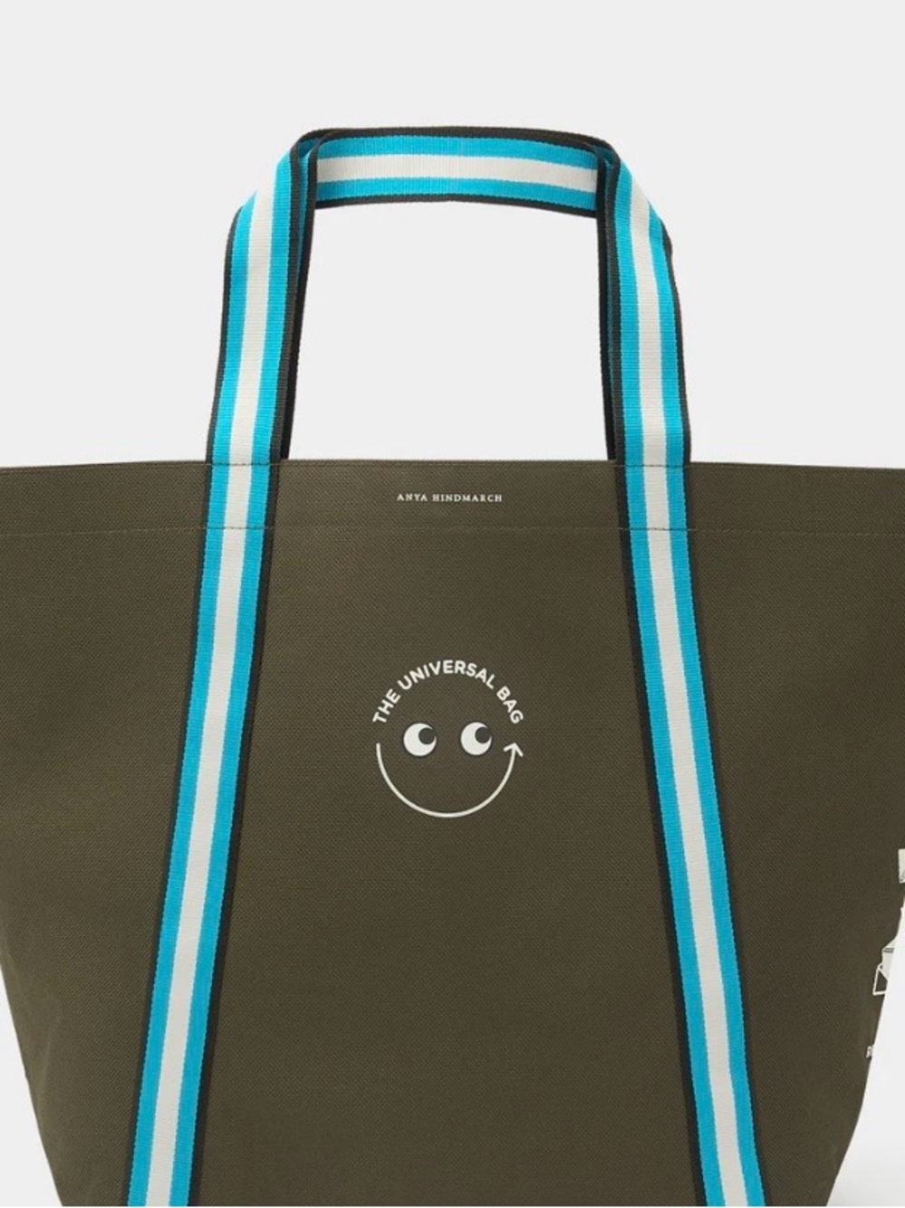 Anya Hindmarch Olive 'The Universal Bag' Tote with Blue Stripe Handles